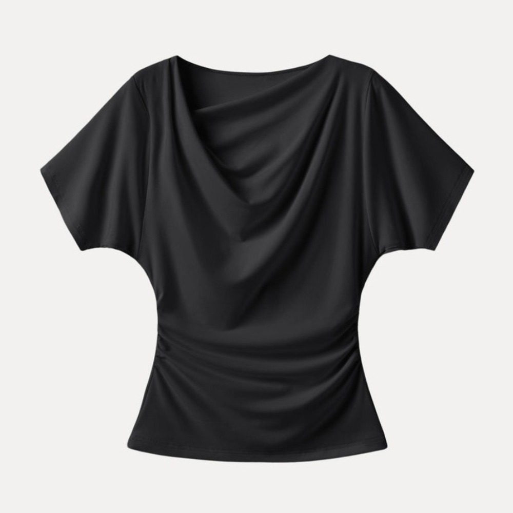OGL Move Black Asymmetrical Cowl Neck Ruched Short Sleeve Top XL NWT